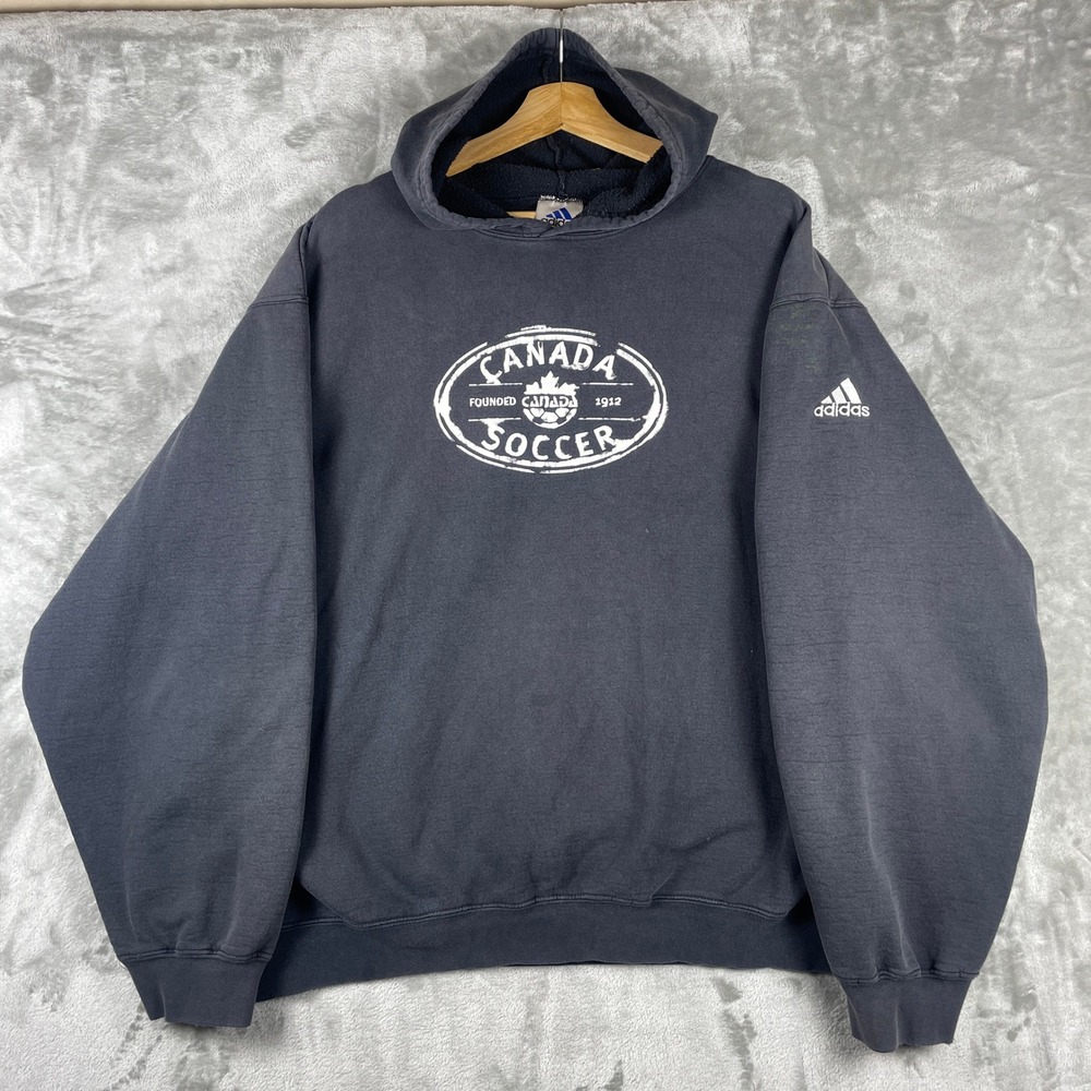 Vintage 90s Y2K Adidas Hoodie Men XL Black Canada Soccer Sun Faded